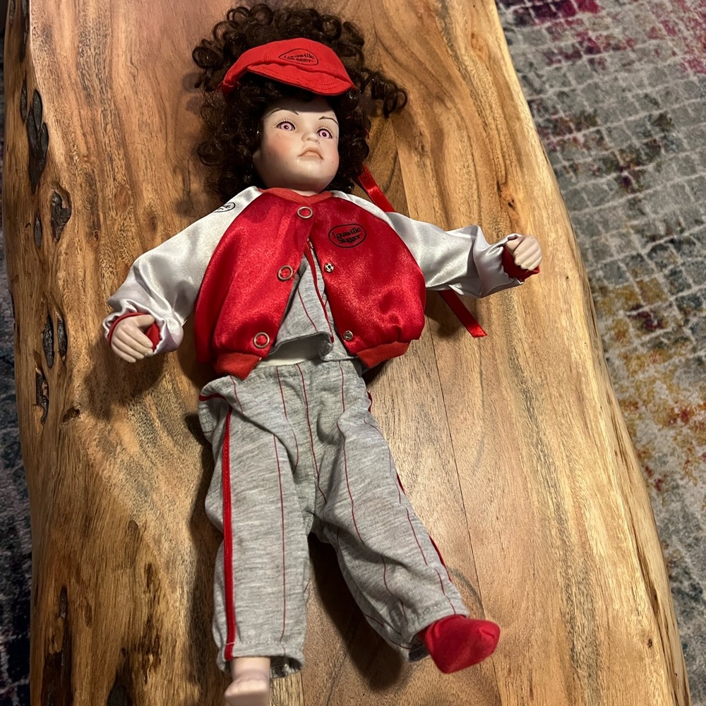Louisville‎ Slugger Porcelain Doll Baseball Player Varsity Jacket Pinstripes 15"